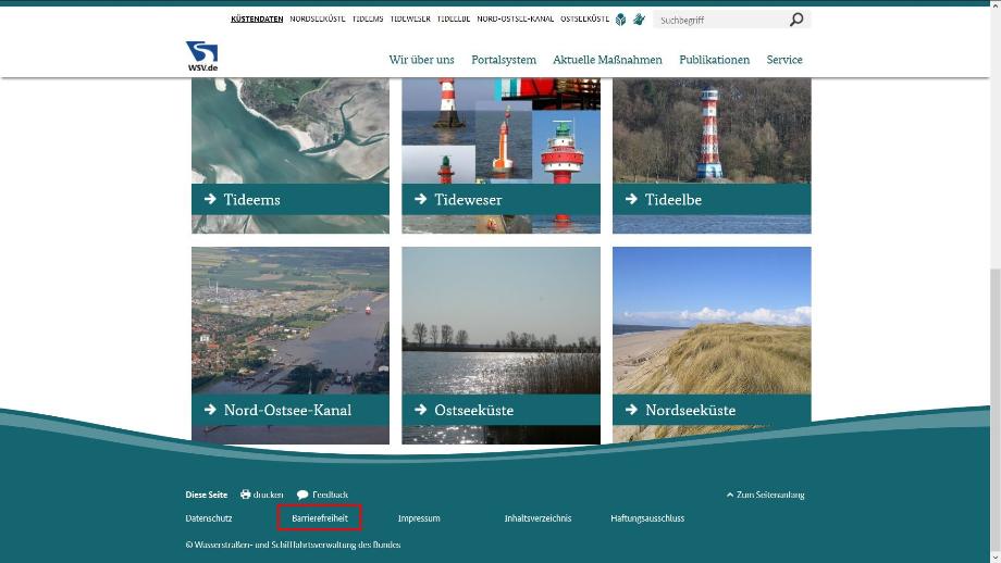 Darstellung des unteren Bereichs der Startseite Küstendaten.de mit der Hervorhebung des Links zur Seite Barrierefreiheit. Darstellung des unteren Bereichs der Startseite Küstendaten.de mit der Hervorhebung des Links zur Seite Barrierefreiheit.